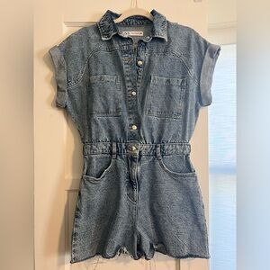 Zara Blue Denim Short-Sleeve Romper